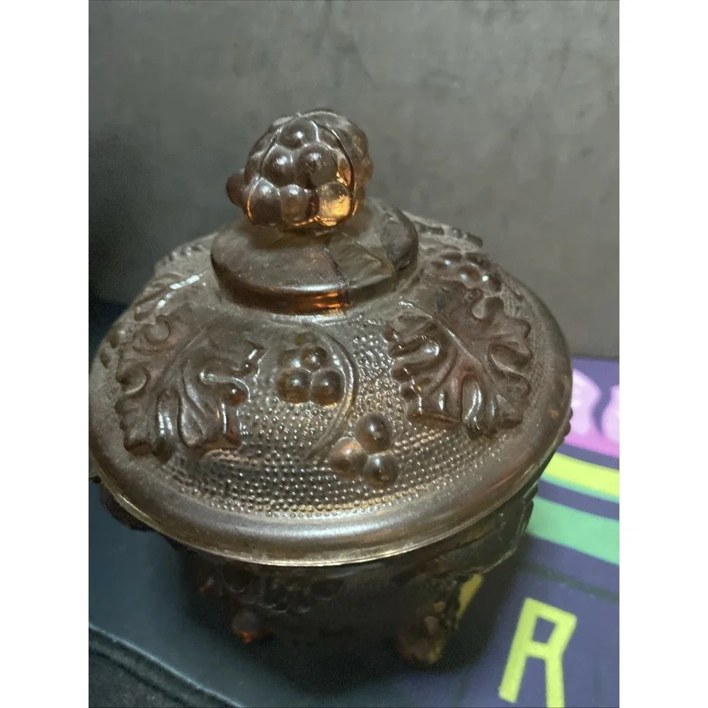 Peach by Jeannette Footed Candy dish and lid, grapes, stippled Glass Vintage
